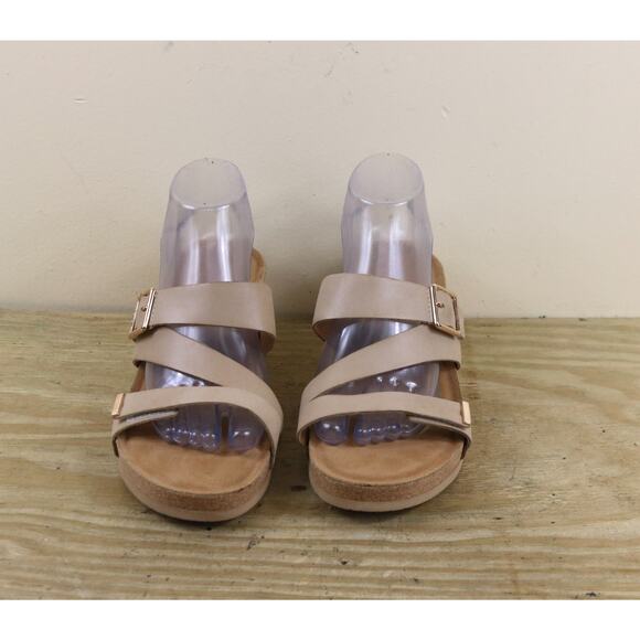 New Aetrex Womens Sandals 10 Brown Beige Leather Wedge Cork Sole Buckle - Picture 2 of 8
